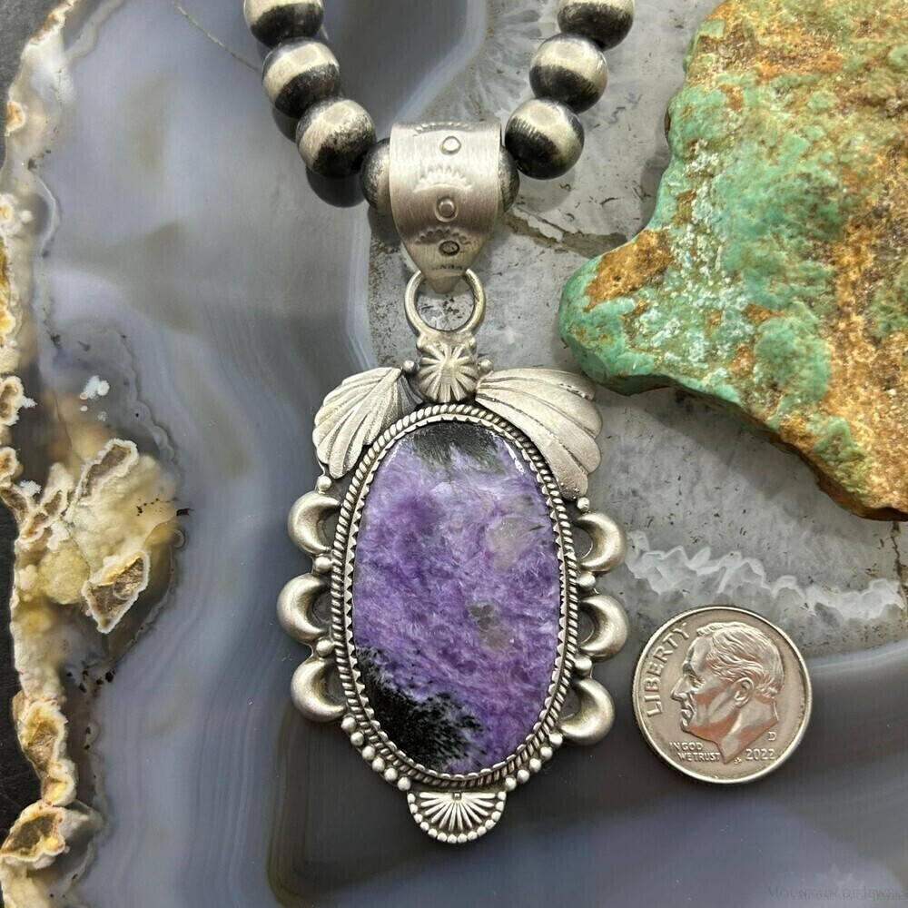 Sterling Silver Southwestern Style Oval Charoite Decorated Pendant For Women - Picture 8 of 10